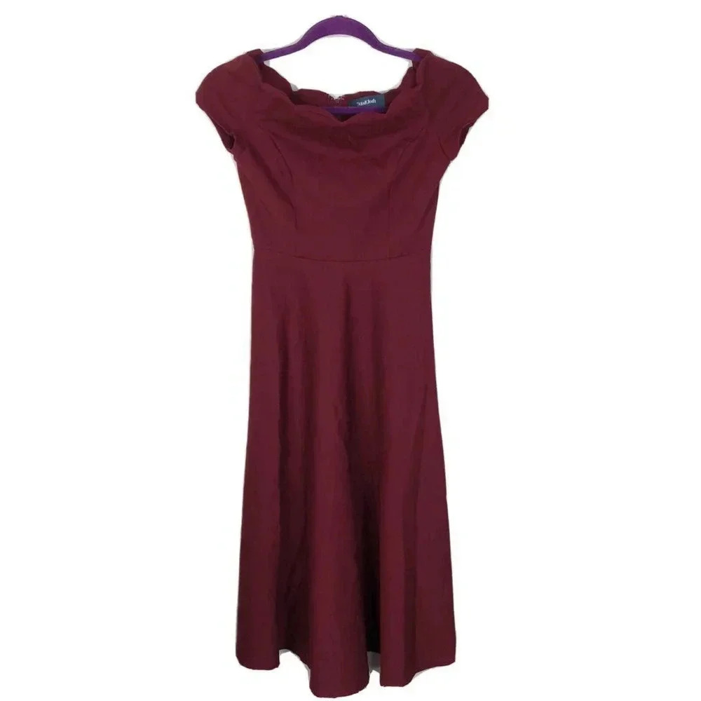 ModCloth Burgundy Timeless Scalloped Off-Shoulder Ponte MIDI Dress Small